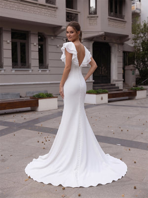 V Neck Ruffle Cap Sleeve Satin Mermaid Wedding Dress Low Open Back Vertical Pearl Button Bridal Gown
