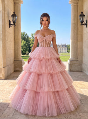 Romantic Pink Tiered Tulle Prom Dress With Beaded Off Shoulder Corset & Lace-Up Back