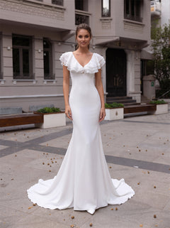 V Neck Ruffle Cap Sleeve Satin Mermaid Wedding Dress Low Open Back Vertical Pearl Button Bridal Gown