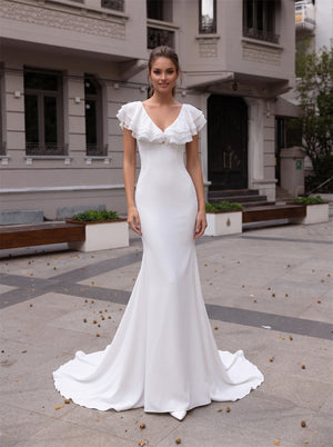 V Neck Ruffle Cap Sleeve Satin Mermaid Wedding Dress Low Open Back Vertical Pearl Button Bridal Gown