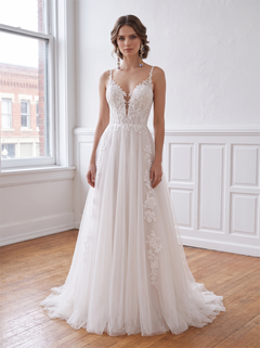 Thin Spaghetti Strap V Neck Lace Tulle A Line Wedding Dress Floral Lace Bodice Vertical Pearl Button Back Soft Boho Bridal Gown