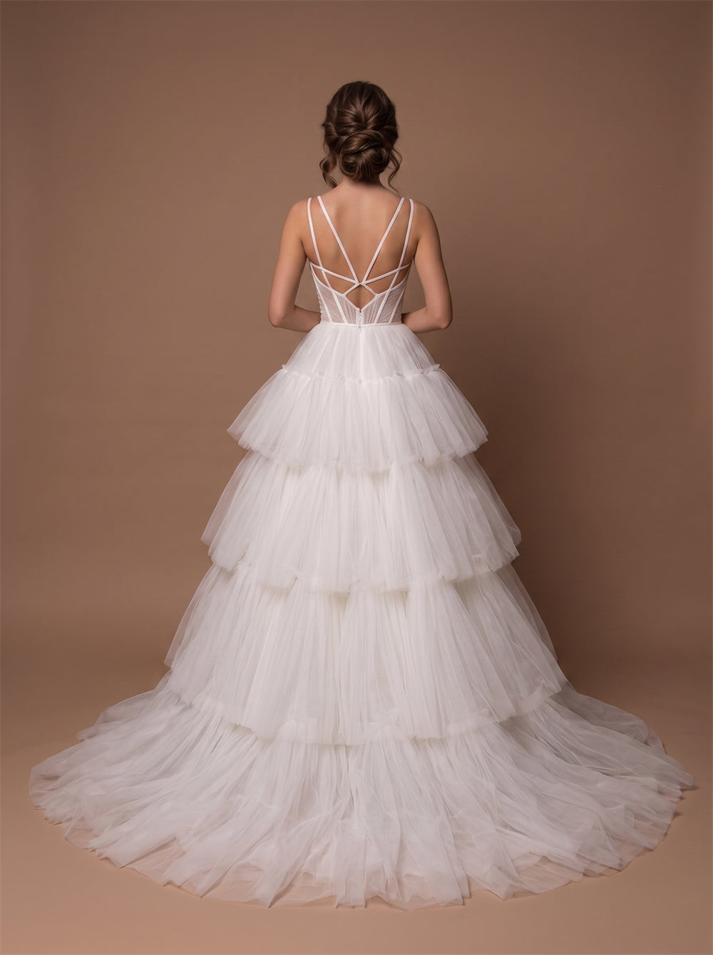 Wedding Dress Modern Tiered Tulle Ball Gown Wedding Dress With Corset Bustier & Crisscross Strappy Back