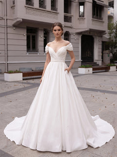 Off The Shoulder Pleated Satin Wedding Dress Deep V Back Hidden Pockets Ball Gown Bridal Gown