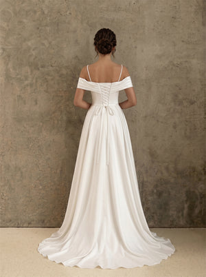 Off Shoulder Thin Strap Pearl Trim High Slit Gloss Satin A Line Wedding Dress Bridal Dress