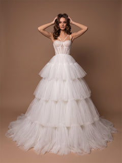 Wedding Dress Modern Tiered Tulle Ball Gown Wedding Dress With Corset Bustier & Crisscross Strappy Back