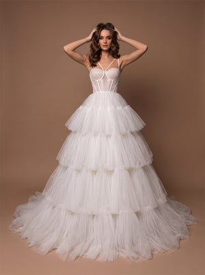 Wedding Dress Modern Tiered Tulle Ball Gown Wedding Dress With Corset Bustier & Crisscross Strappy Back