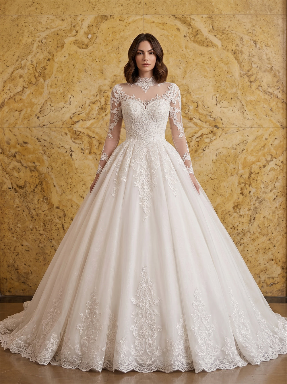 High Neck Long Sleeve Sheer Lace Ball Gown Wedding Dress Royal Luxury Full Skirt Bridal Dress