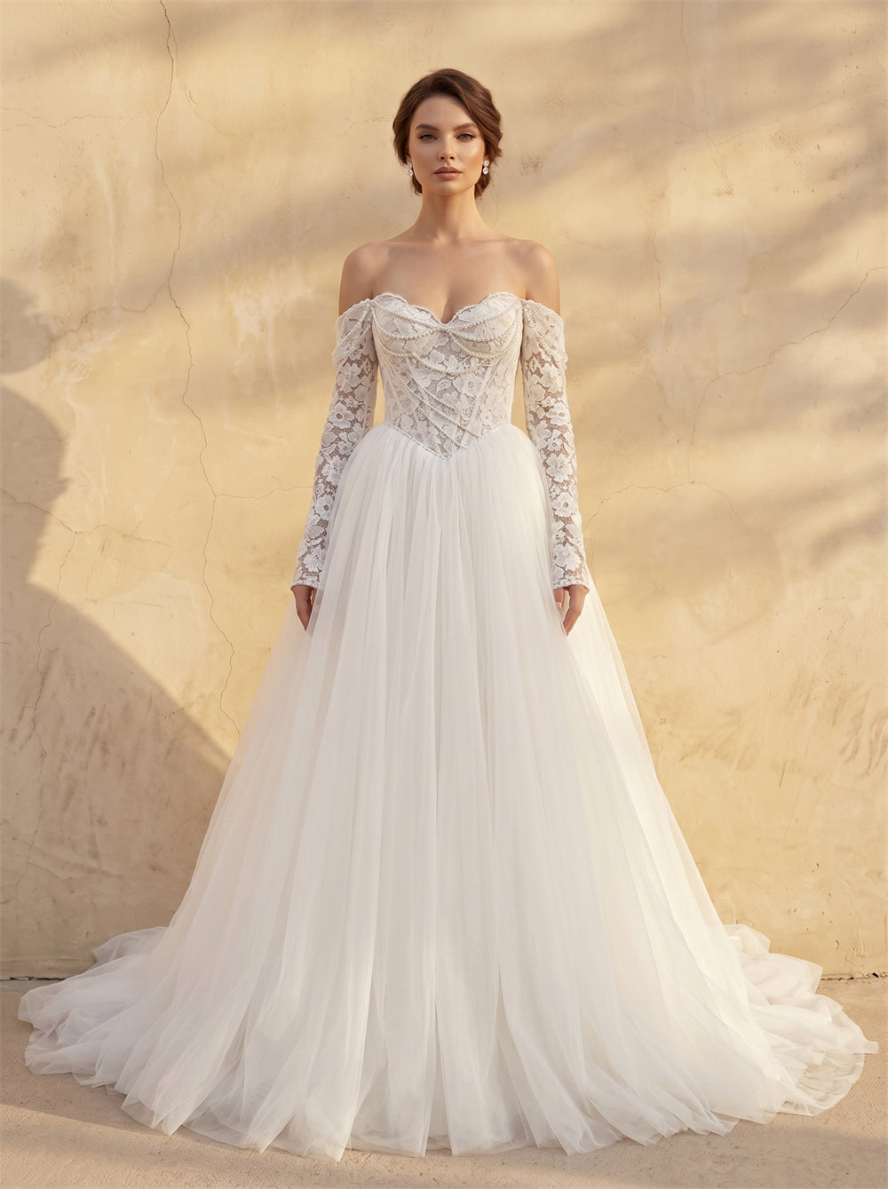 Off Shoulder Long Sleeve Lace Corset Tulle Ball Gown Wedding Dress Beaded Sweetheart Lace Up Back Romantic Bridal Dress