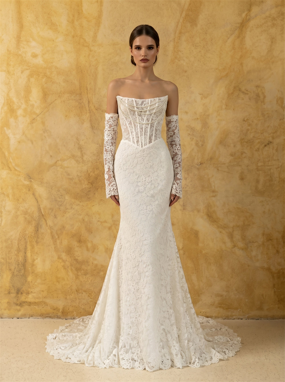 Strapless Beaded Corset Floral Lace Mermaid Wedding Dress Detachable Long Lace Sleeve Lace Up Back Fitted Long Train Bridal Dress