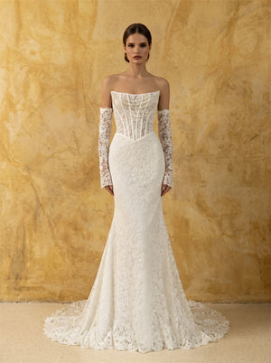Strapless Beaded Corset Floral Lace Mermaid Wedding Dress Detachable Long Lace Sleeve Lace Up Back Fitted Long Train Bridal Dress