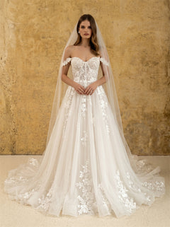 Off Shoulder Sweetheart Floral Lace Tulle Ball Gown Wedding Dress Corset Lace Up Back Romantic Long Train Bridal Dress