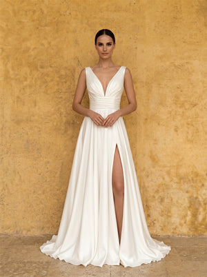 Sleeveless Deep V Neck Ruched Waist Satin A Line Wedding Dress High Leg Slit Deep V Low Back Full Button Minimalist Luxury Bridal Dress
