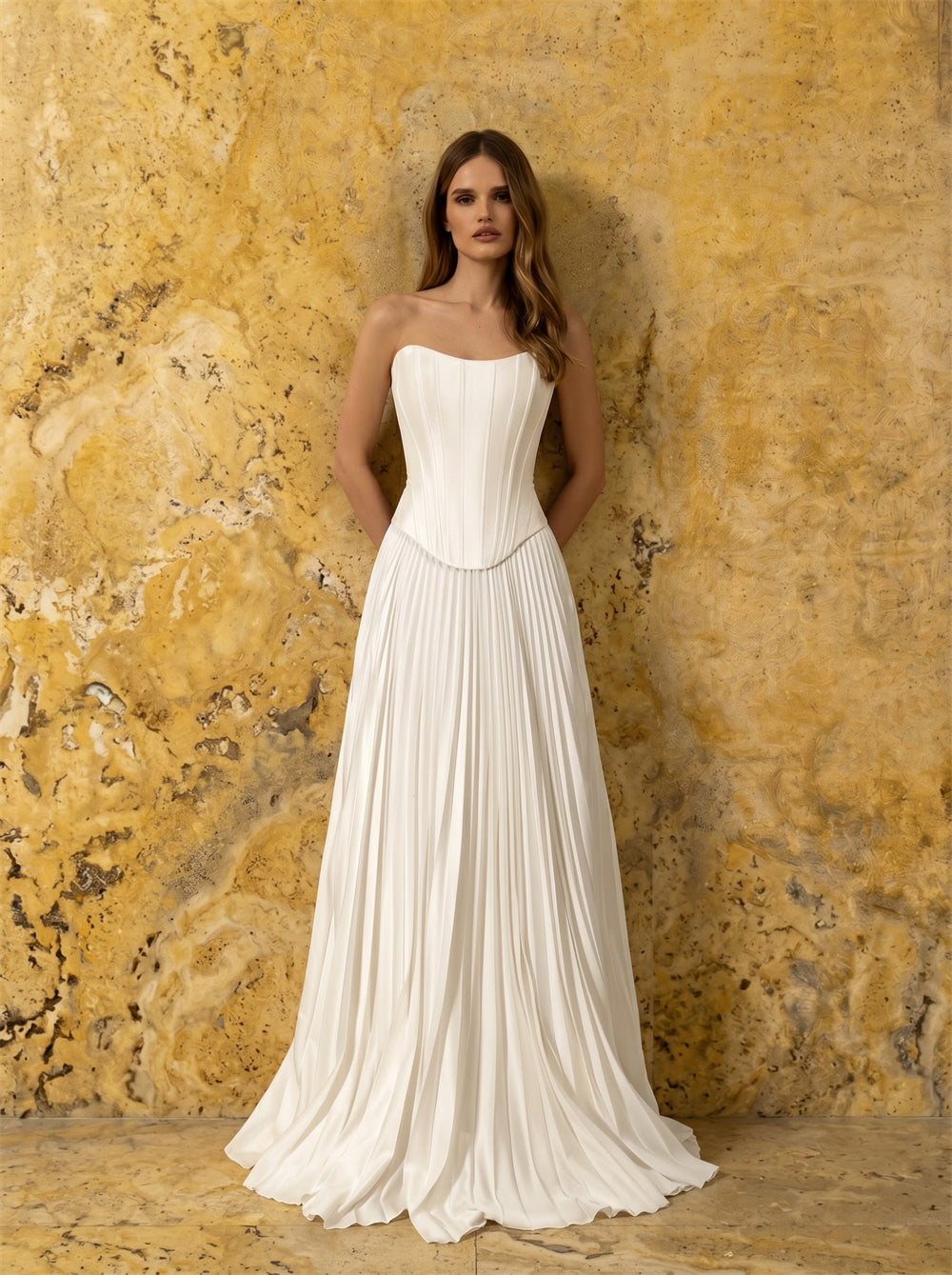 Strapless Corset Lace Up Back Pleated Skirt Satin Wedding Dress Bridal Dress