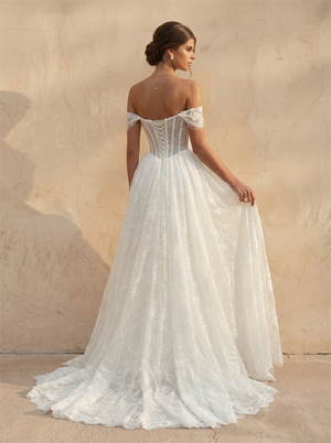 Off Shoulder Sheer Corset Lace A-Line Wedding Dress With Short Flutter Sleeves Floor Length Chapel Train Bridal Dress