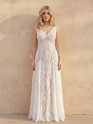 Sleeveless Deep V Geometric Lace Chiffon A Line Wedding Dress Low V Back Boho Floor Length Bridal Dress
