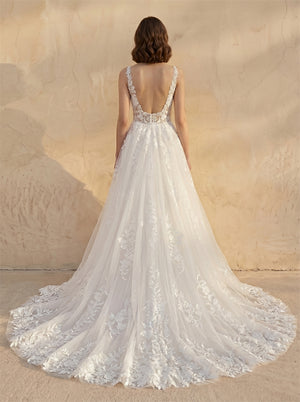 Deep V Sleeveless Floral Lace Tulle A Line Wedding Dress Luxurious Long Train Bridal Dress