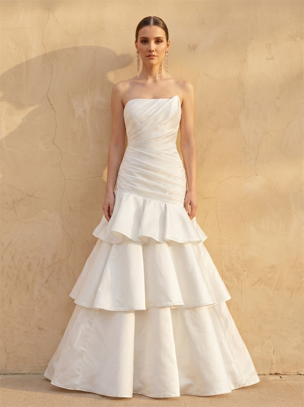Strapless Ruched Tiered Ruffle Mermaid Satin Wedding Dress Bridal Dress