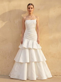 Strapless Ruched Tiered Ruffle Mermaid Satin Wedding Dress Bridal Dress
