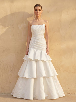 Strapless Ruched Tiered Ruffle Mermaid Satin Wedding Dress Bridal Dress