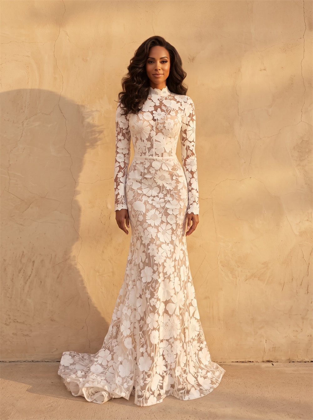 High Neck Long Sleeve Full Floral Lace Mermaid Wedding Dress Sheer Fitted Bodycon Sheath Chapel Train Bridal Dress