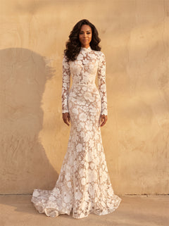 High Neck Long Sleeve Full Floral Lace Mermaid Wedding Dress Sheer Fitted Bodycon Sheath Chapel Train Bridal Dress