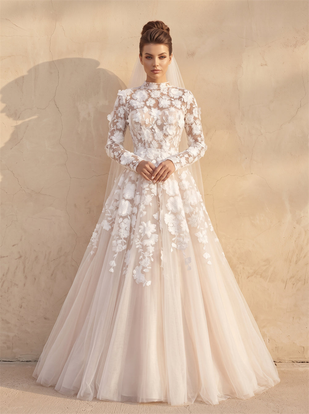 Modest High Neck Full Sleeve 3D Flower Lace Wedding Dress Voluminous Champagne Tulle A Line Formal Bridal Dress