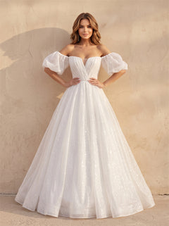 Off-The-Shoulder Short Puff Sleeve Sparkly Tulle Wedding Dress V Neck Corset Back Voluminous Formal Bridal Dress