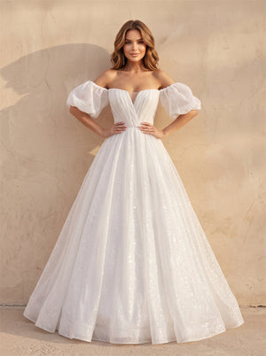 Off-The-Shoulder Short Puff Sleeve Sparkly Tulle Wedding Dress V Neck Corset Back Voluminous Formal Bridal Dress
