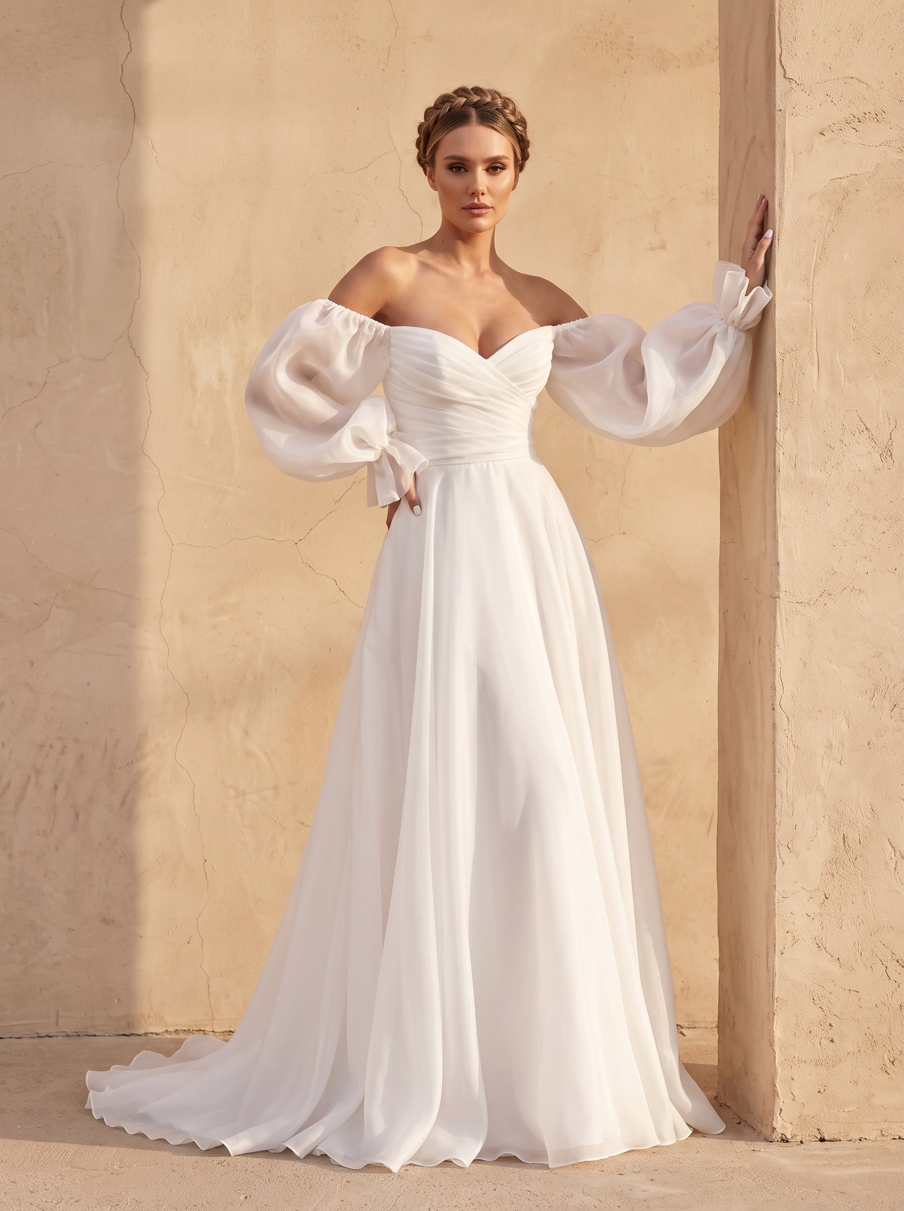Off-The-Shoulder Sheer Puff Sleeve Organza Wedding Dress Sweetheart Ruched Bodice Corset Back Flowy Formal Bridal Dress