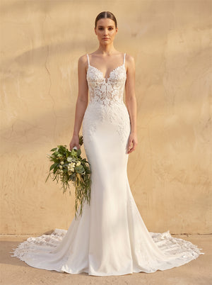 Spaghetti Strap Lace Mermaid Wedding Dress V Neck Low Back Cross Tie Bridal Dress With Lace Train