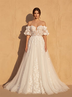 Off Shoulder Puff Short Sleeve 3D Floral Lace A Line Wedding Dress Deep Plunge V Low Open Back Tulle Chapel Train Bridal Dress