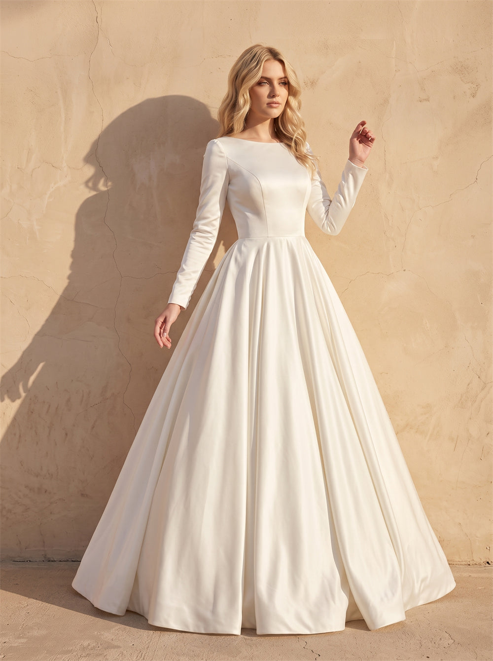 Minimalist Full Long Sleeve Satin Wedding Dress Closed Front Deep V Back A Line Ballgown Bridal Dress