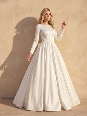 Minimalist Full Long Sleeve Satin Wedding Dress Closed Front Deep V Back A Line Ballgown Bridal Dress