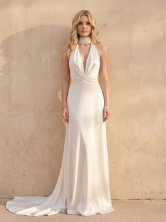 Halter Neck Deep V Satin Mermaid Wedding Dress Backless Long Drape Tie Low Back Slim Fit Formal Bridal Dress