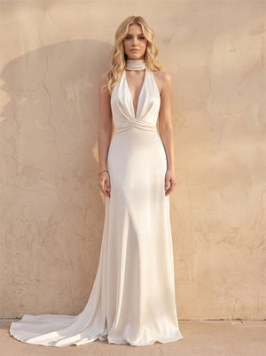 Halter Neck Deep V Satin Mermaid Wedding Dress Backless Long Drape Tie Low Back Slim Fit Formal Bridal Dress
