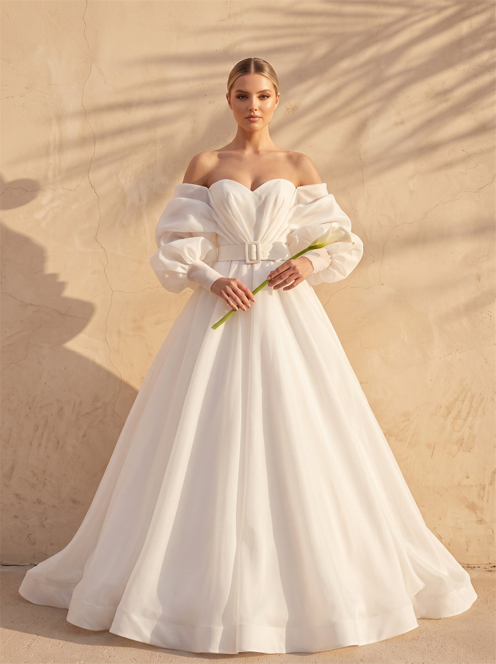 Off-The-Shoulder Bishop Puff Organza Sleeve Wedding Dress Sweetheart Neck Belted Waist Structured Formal Bridal Dress