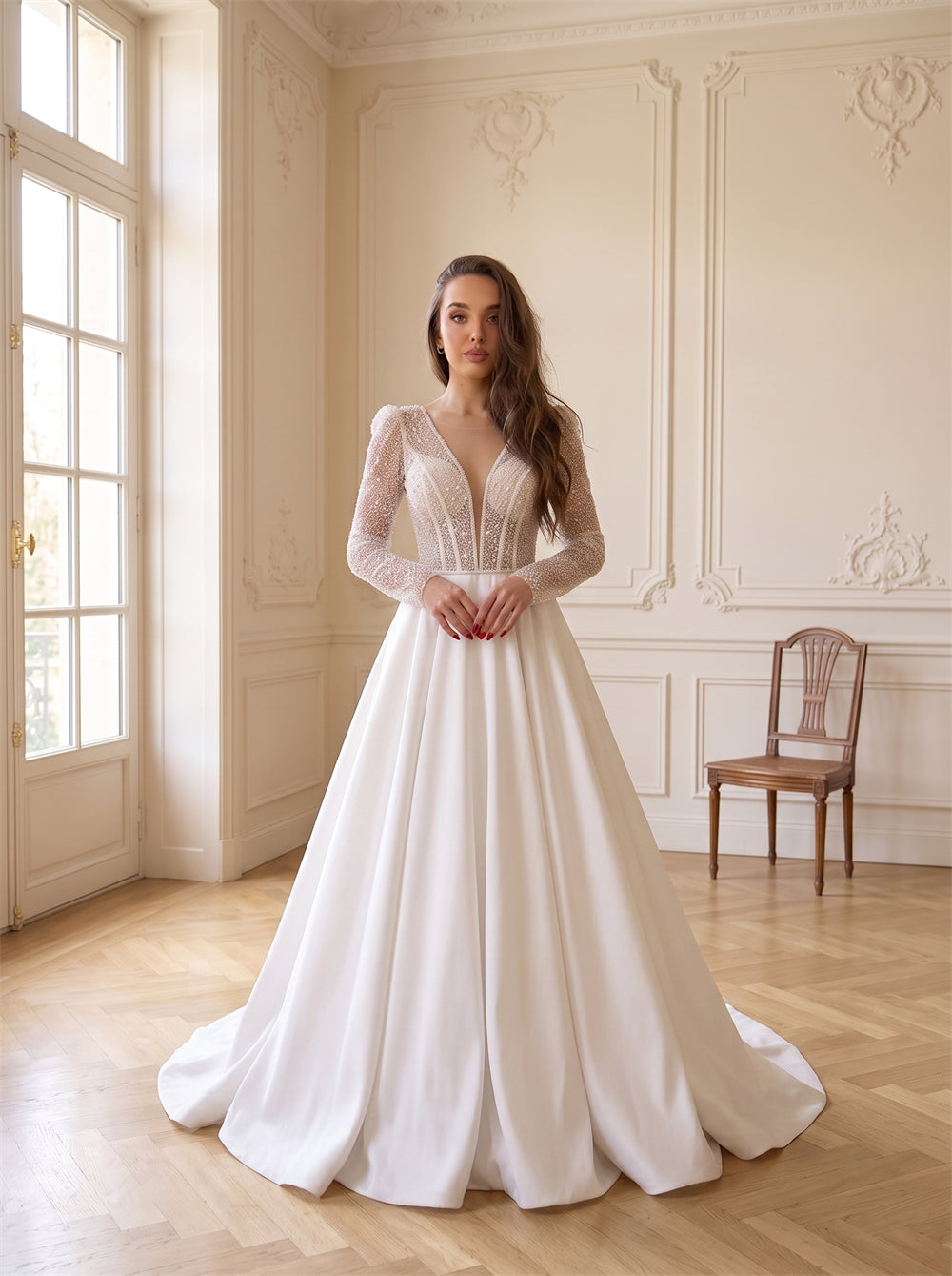 Full Long Sleeve Rhinestone Beaded Lace Bodice Satin Wedding Dress Plunge V Neck Low Back High Slit Elegant Bridal Dress