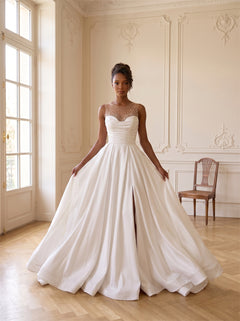 Sheer Illusion Neck Rhinestone Beaded Satin Wedding Dress Sleeveless Deep V Back High Slit Classic Formal Bridal Dress