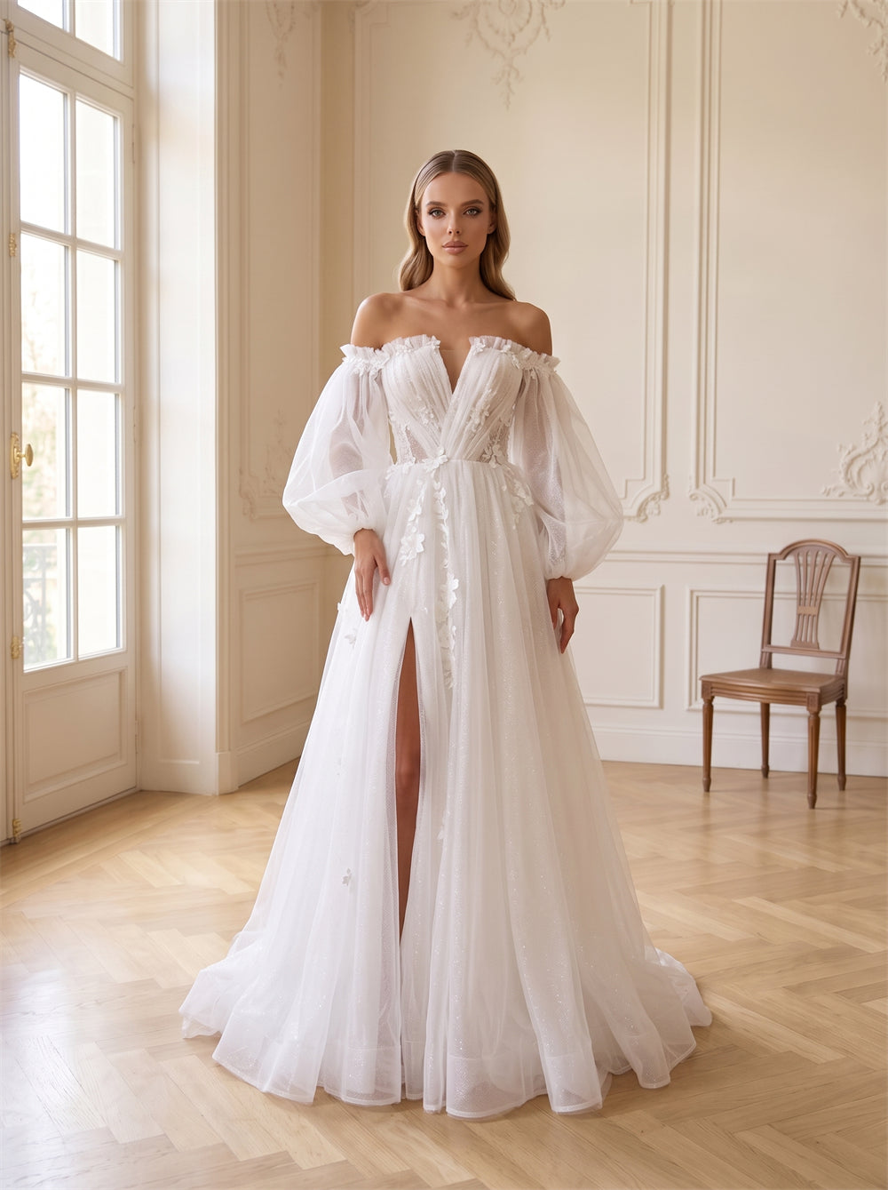 Off-The-Shoulder Sheer Puff Sleeve Glitter Tulle Wedding Dress Floral Lace Corset Back High Slit Formal Bridal Dress