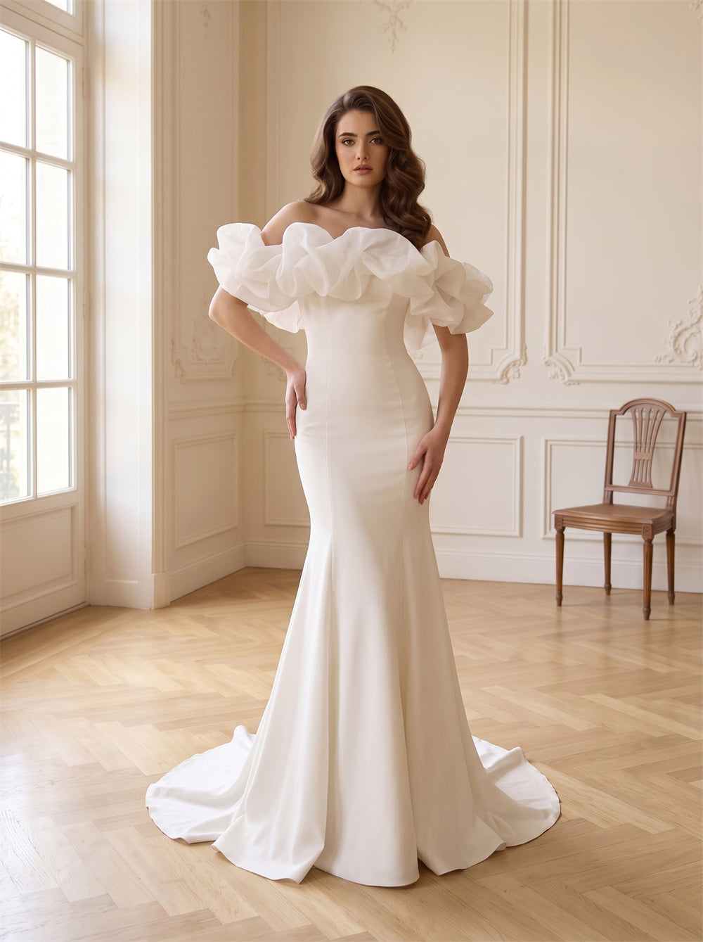 2 In 1 Convertible Ruffle Off Shoulder Satin Wedding Dress Mermaid Pearl Button Back Elegant Formal Bridal Dress