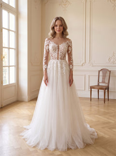 Long Sleeve Lace Illusion Neck Tulle Wedding Dress Off Shoulder Low Open Back A Line Formal Bridal Dress