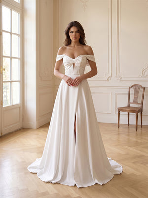 Off-The-Shoulder Bow Detail Satin Wedding Dress Pleated Keyhole Corset Back High Slit Elegant Formal Bridal Dress