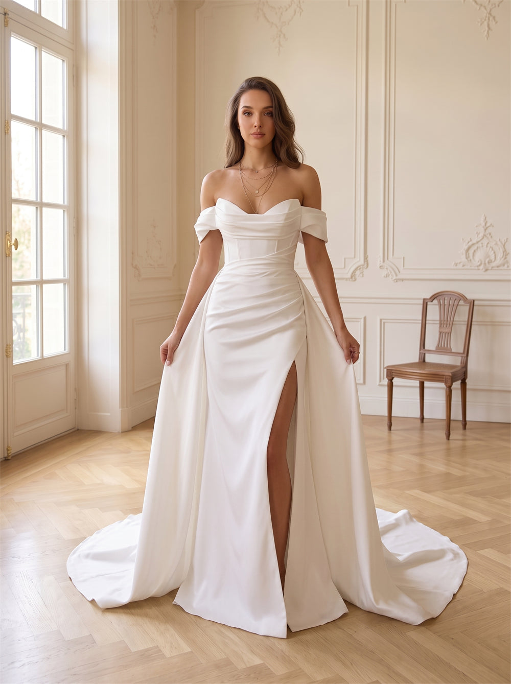Off-The-Shoulder Draped Satin Mermaid Wedding Dress Corset Bodice Detachable Overskirt Pearl Button Back Formal Bridal Dress