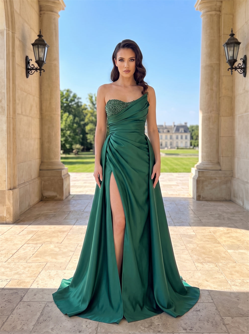 Strapless Sweetheart Beaded Bodice Satin Prom Dress Draped Ruched High Slit Mermaid Long Formal Evening Dress