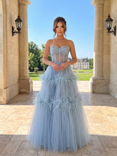 Strapless Rhinestone Corset Tulle Prom Dress Tiered Ostrich Feather Trim Voluminous A Line Floor Length Formal Evening Dress