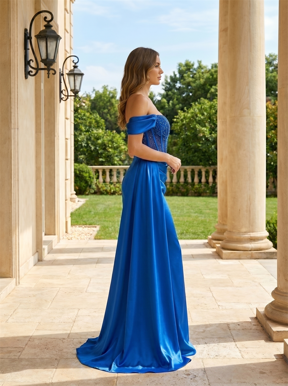 Elastic Satin Sheath Evening Dress Off Shoulder Beaded Corset Formal Party Gown with Side Drape Slit Prom Dresses