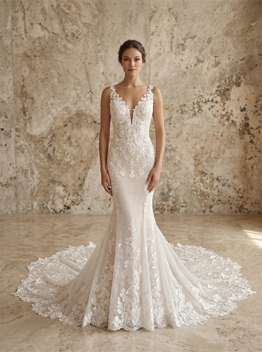 V Neck Sleeveless Floral Lace Mermaid Wedding Dress Luxury Long Train Fitted Bridal Dress For Formal Wedding