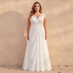 Curvy Plus Size Lace Cap Sleeve Chiffon Wedding Dress V Neck Ruched Lace Up Back Formal Bridal Dress