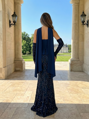 Trägerloses Glitzer-Abendkleid mit Pailletten-Meerjungfrauenrock, Abendkleid mit passenden Handschuhen