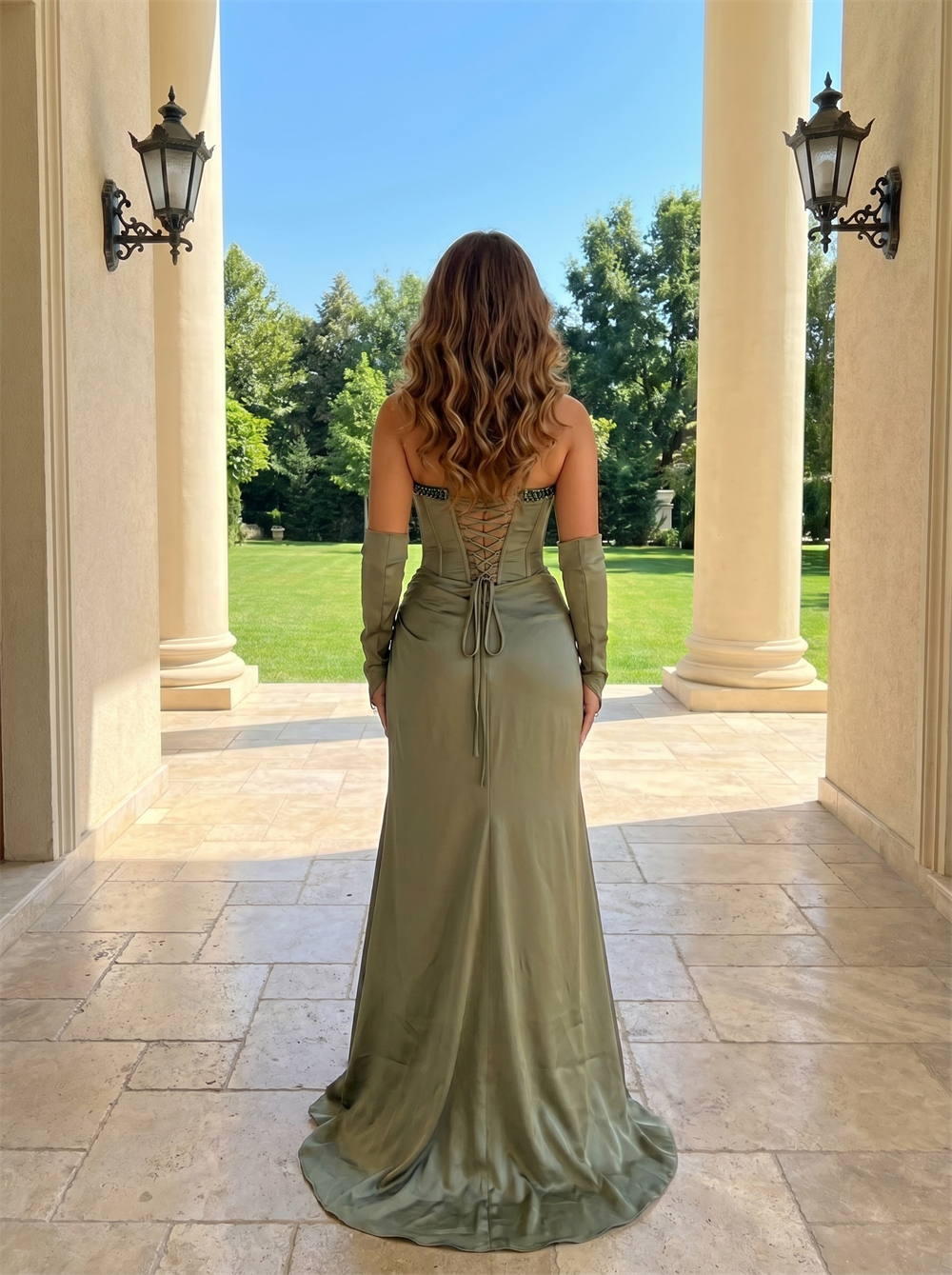 Strapless Crystals Sweetheart Neckline Formal Gown with Draped Satin Skirt High Slit Detachable Sleeves Evening Dress